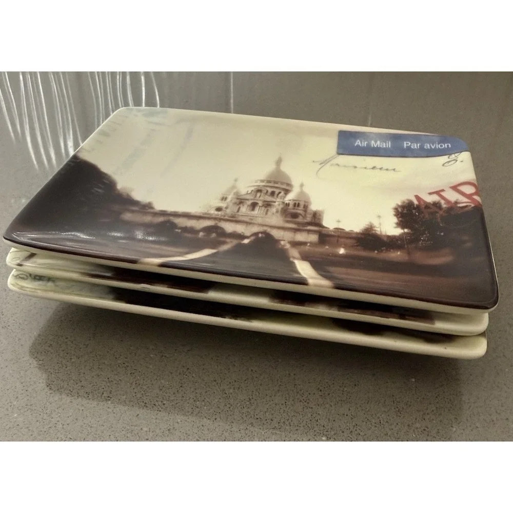 VTG Restoration Hardware Set 3 Paris Postcard Trinket Dish Appetizer Plate EUC